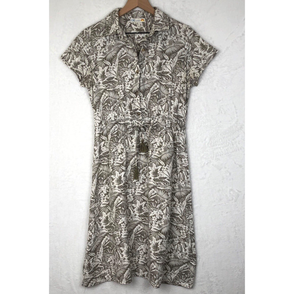 C&C CALIFORNIA Linen‎ Blend Midi Dress Sz M Greige White Tropical Floral Elastic - Picture 1 of 15